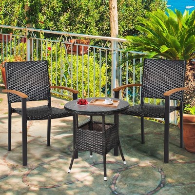 Black Wicker and Acacia Wood Stackable Outdoor Dining Chairs, Set of 4