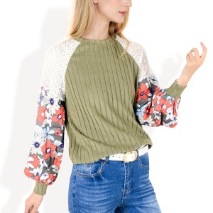 Anna-Kaci Women's Ribbed Knit Top with Balloon Sleeves and Lace Shoulder Details - 1 of 4