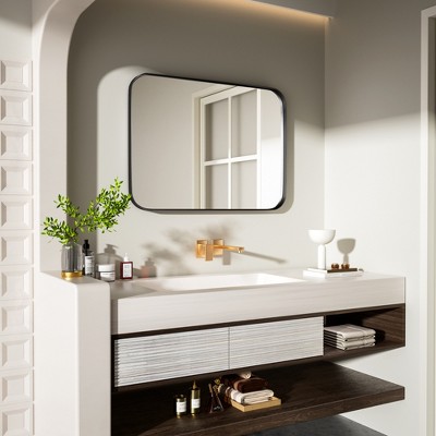 Tempered Glass Rounded Rectangle Framed Wall-Mounted Bathroom Vanity Mirror