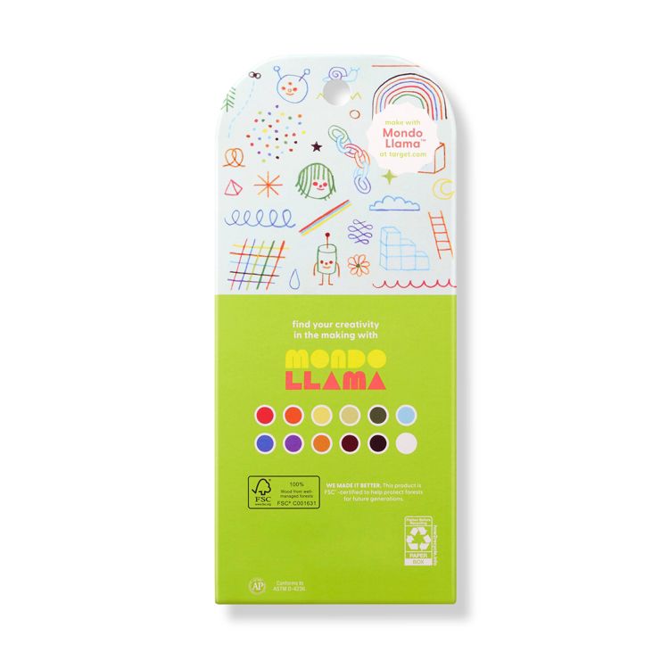 A colorful pencil set package with various doodles and the text "find your creativity in the making with MONDO LLAMA" on a green background.