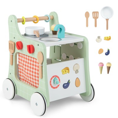 Infans 6-in-1 Baby Push Walker Wooden Strollers Learning Activity Center Toy w/ Kitchen