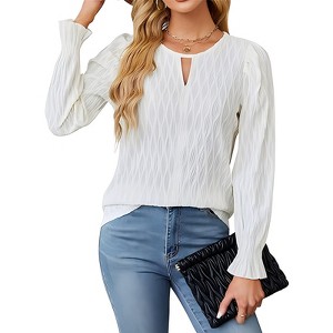 Womens Crew Neck Long Sleeve Top Smocked Front Business Ladies Casual Blouses Tunic - 1 of 4