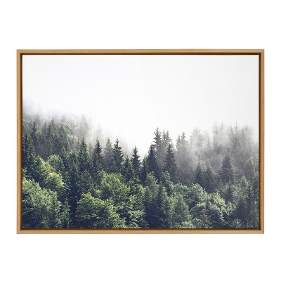 Lush Green Forest on a Foggy Day Canvas Print with Natural Frame
