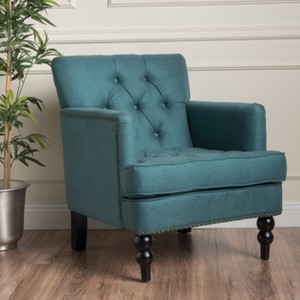 APRILSOUL Teal Harrison Tufted Club Chair, Dark Teal Linen, Hand-Carved Legs, Fully Assembled - 1 of 4
