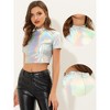 INSPIRE CHIC Women's Party Short Sleeve Mock Neck Holographic Metallic Crop Top - 2 of 4