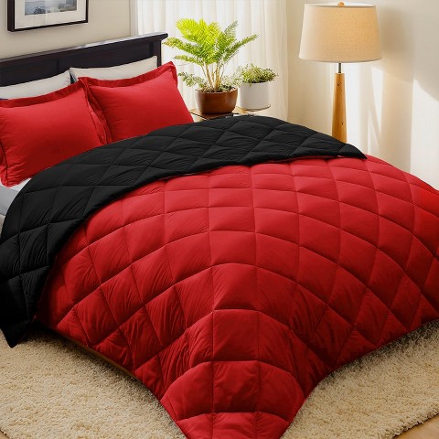 HIG 3 Piece Reversible Queen Comforter Set, Red Down Alternative Bedding Set, All Season Microfiber Comforter with Two Shams