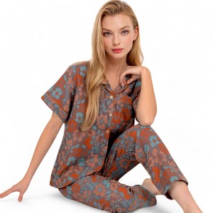 Anna-Kaci Lounge Women's Floral Print Short Sleeve Pajama Set with Button-Up Top and Piping Details - 1 of 4
