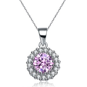 Guili Sterling Silver Rose Gold-Plated Pendant with Clear Round CZ and Small Halo in White, Green, Gold, Rose Gold, or Purple—Elegant and Refined. - 1 of 3