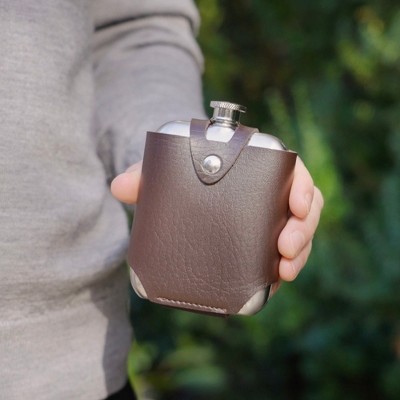 Stainless Steel Flask with Brown Faux Leather Case