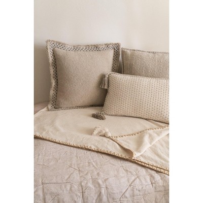 Beige Hand Quilted Cotton Pillow with Navy Embroidery