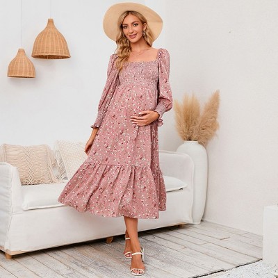 Coolmee Women Boho Floral Smocked Square Neck Lantern Long Sleeve Ruffled A Line Maternity Midi Dress