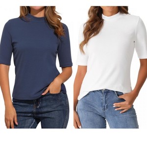 INSPIRE CHIC Women's Half Sleeve Casual Turtleneck Solid Elastic Soft T-Shirts 2 Packs - 1 of 4