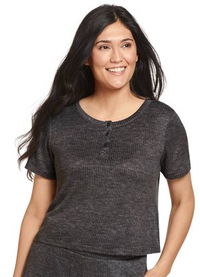 Jockey Women's Luxe Lounge Brushed Ribbed Cropped Henley : Target
