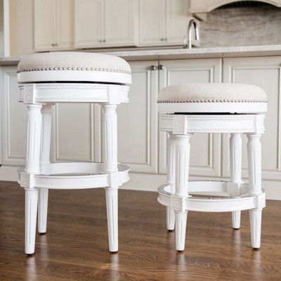 Alabaster White Swivel Backless Bar Stool with Hand-Carved Wood