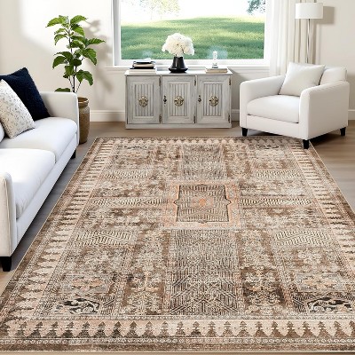 Vintage Washable Rug, Distressed Floral Low Pile Non-Slip Soft Accent Carpet for Living Room, Bedroom, Nursery, Entryway