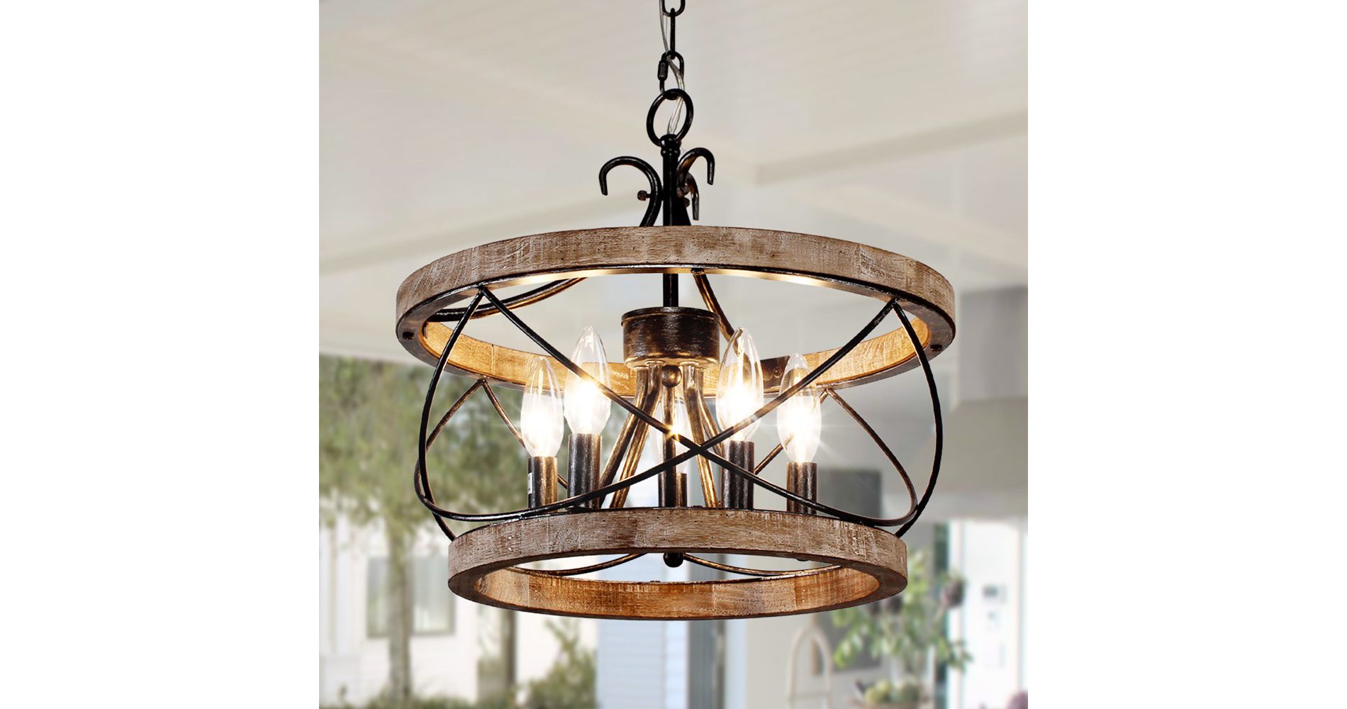 Bella Depot 5-Light 15.7" Wood Ceiling Light Rustic Chandelier Adjustable Pendant Light for Kitchen Island, Hallway