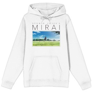 Mirai Logo text, Grass field, Kids on bikes with blue skies on White Adult Hoodie - 1 of 4