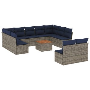 vidaXL 12 Piece Patio Sofa Set with Cushions Poly Rattan - Gray and Blue - 1 of 4
