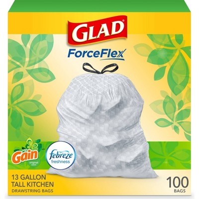 Glad Tall Kitchen Drawstring Trash Bags OdorShield 13 Gallon - Gain Original with Febreze Freshness - 100ct