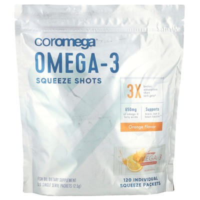 Coromega Omega-3, Squeeze Shots, Orange, 650 mg, 120 Single Serve Packets, (2.5 g) Each