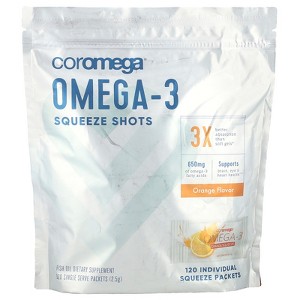 Coromega Omega-3, Squeeze Shots, Orange, 650 mg, 120 Single Serve Packets, (2.5 g) Each - 1 of 3