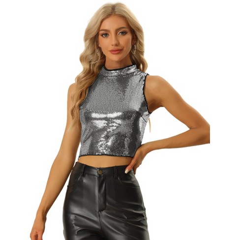 Allegra K Women's Sleeveless Party Metallic Sparkly Sequin Top Dark Silver  X-Small