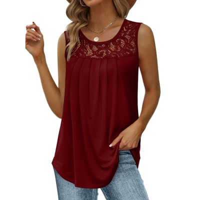 Women's Summer Tank Tops Loose Fit Pleated Tunic Scoop Neck Sleeveless Lace Blouse Flowy Curved Hem Casual Dressy Tops