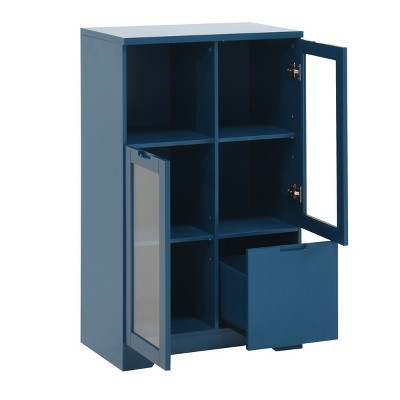 GlasFlength Decorative Storage Cabinets Modern Glass Door Cabinet with Adjustable Shelves for Living Room Bedroom, Blue, 25.6"*11.8"*39.4"