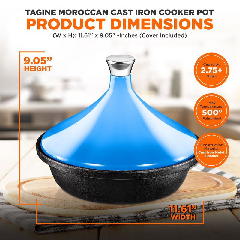NutriChef Cast Iron Moroccan Tagine - 2.75 Quart Tajine Cooking Pot with Stainless Steel Knob, Enameled Base, Cone-Shaped Enameled Lid, 2 of 4