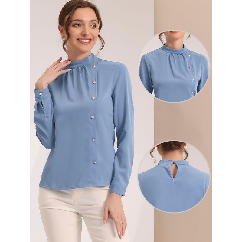 Allegra K Women's Elegant Stand Collar Long Sleeve Button Decor Office Blouse, 2 of 6