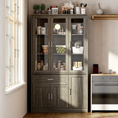 Famapy Dark Multi-Compartment Kitchen Pantry Cabinet,4 Shelf & 3 Glass Doors,Food Storage,Dinning Room