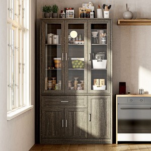 Famapy Dark Multi-Compartment Kitchen Pantry Cabinet,4 Shelf & 3 Glass Doors,Food Storage,Dinning Room - 1 of 4