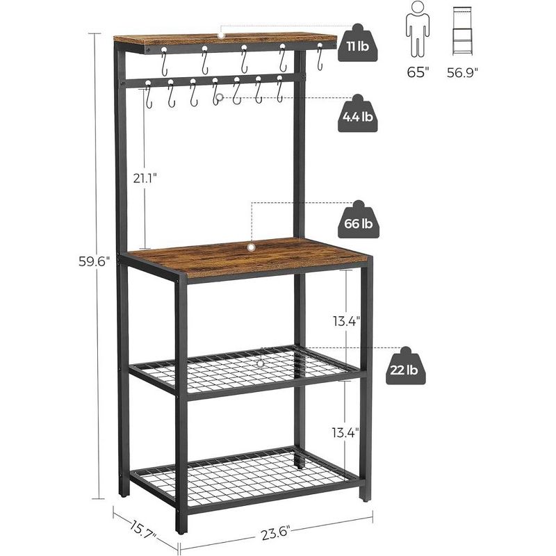 VASAGLE Kitchen Baker's Rack Microwave Oven Stand with Storage Shelves & 12 Hooks Industrial 15.7 x 23.6 x 59.6 Inches Rustic Brown and Black, 3 of 8