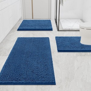 Home Mart Goods 3 Piece Set Blue Soft Cozy Plush Chenille Bath Mat Highly Absorbent Bathroom Rug - 1 of 4