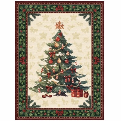 Fulvari Colorful Christmas Tree Rug Holiday Decor Non-Slip Rubber Backing Indoor Floor Mat for Living Room Bedroom Bathroom