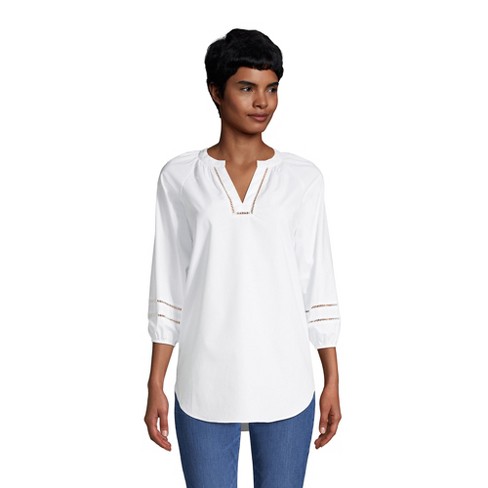 Lands' End Women's Cotton 3/4 Sleeve Split Neck Tunic Top - Medium - White  : Target