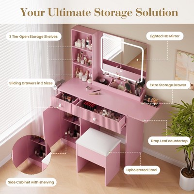 Ultimate storage solution features labeled on pink vanity desk