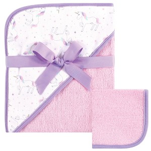 Hudson Baby Infant Girl Cotton Hooded Towel and Washcloth 2pc Set, Magical Unicorn, One Size - 1 of 1