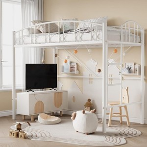 Twin Metal Loft Bed Frame with Arched Guardrail, Safety Ladder & 46" Storage Space, No Box Spring Needed - 1 of 4