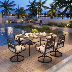 Captiva Designs 7pc Patio Slatted Top Steel Dining Table & Metal Chairs with Seat Cushions and Waist Pillows - 1 of 4
