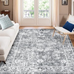 Washable Vintage Floral Area Rug,Boho Non-Slip Indoor Foldable Carpet,Stain Resistant Distressed Print Mat for Living Room/Bedroom/Kitchen/Dining Room - 1 of 4