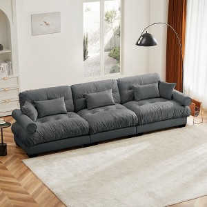 Extra Large 3-Seat Velvet Round Bolster Armrest Sofa with Waist Pillows, Throw Pillows and Cloud-Like Comfortable Seat - 1 of 4