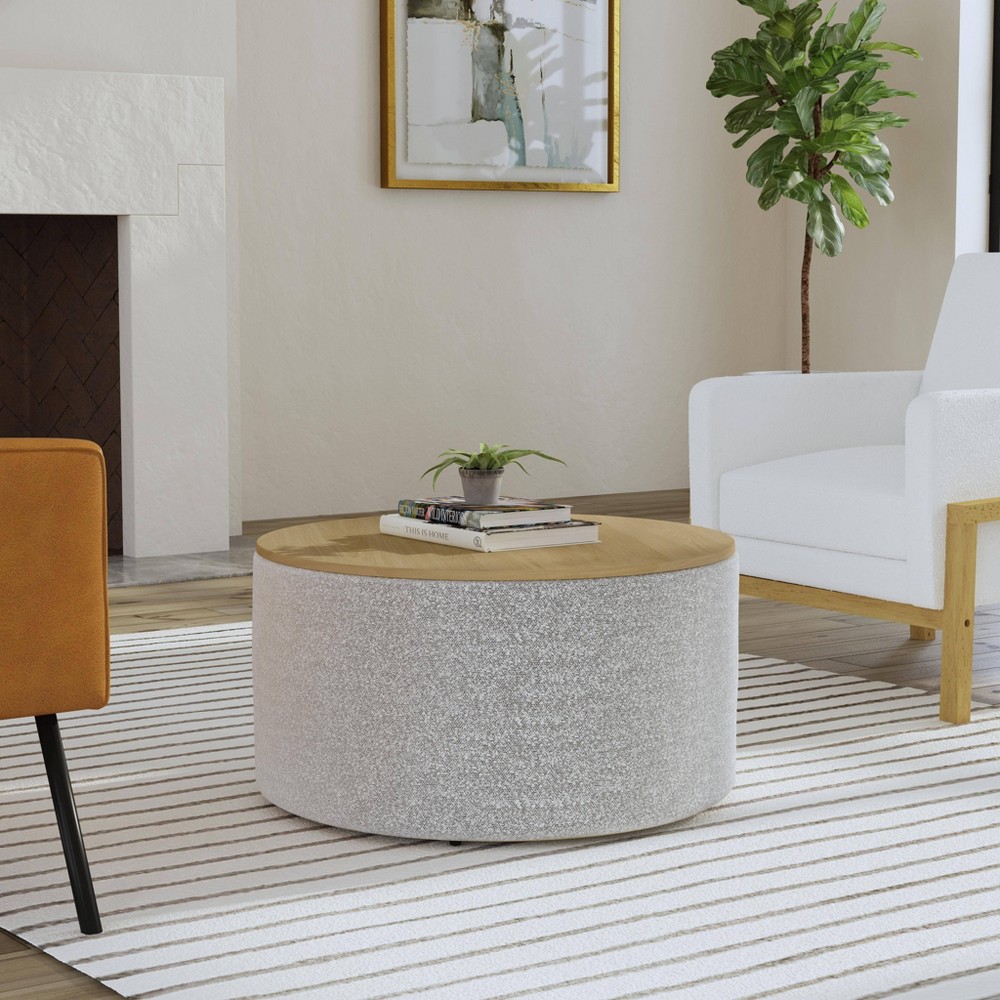 Photos - Pouffe / Bench Wood Top Storage Ottoman White Boucle - HomePop: Upholstered Round with Polyester Fabric, Hardwood Frame