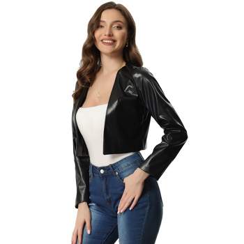 Allegra K Women's Faux Leather PU Long Sleeve Open Front Cropped Jacket