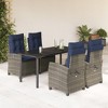vidaXL 5-Piece Patio Dining Set - Gray Poly Rattan with Adjustable Reclining Chairs, Tempered Glass Tabletop, Navy Blue Cushions - 2 of 4