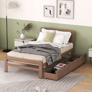 Gulches Modern Design Twin Size Platform Bed Frame with 2 Drawers for Walnut Color - 1 of 4