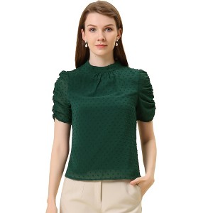 Allegra K Women's Elegant Swiss Dots Puff Short Sleeves Stand Collar Chiffon Blouse - 1 of 4
