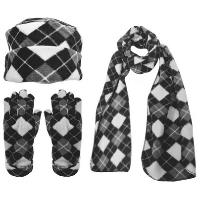Women's Plaid 3-Piece Fleece Winter Set gloves scarf Hat