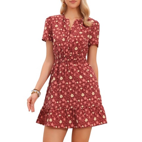 Женские платья INSPIRE CHIC Women's Floral V Neck Smocked Waist Mini Tiered Dress Small Dark Red