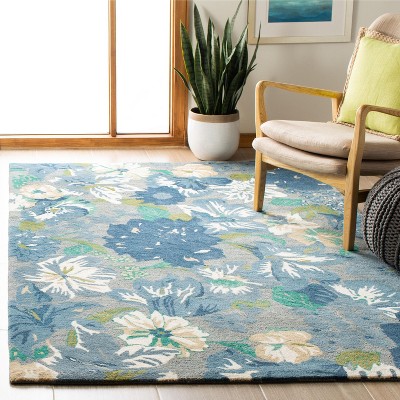 Blue Floral 5' x 8' Handmade Wool and Viscose Area Rug